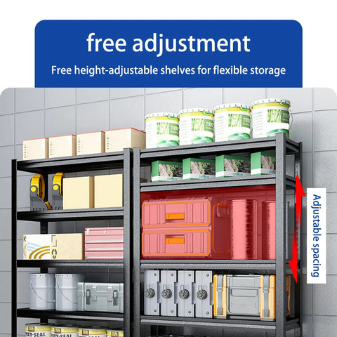 Killer 5 Tier Steel Storage Shelving Unit With Adjustable Metal Racks For Garage Warehouse And Basement Setup showing adjustable shelves and storage items.