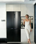 Refrigerator And Appliance Wrap Peel And Stick Wallpaper In Black Metallic Brushed Stainless Steel Look Installed On Refrigerator