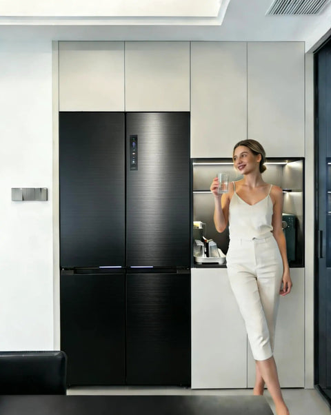 Refrigerator And Appliance Wrap Peel And Stick Wallpaper In Black Metallic Brushed Stainless Steel Look Installed On Refrigerator