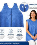 American Heavy Duty Nonwoven Exam Vests Featuring No Sweat Snap Closure 31X24 Inches Blue White Medical Cape Bulk Case Of 75 Clinic Ready showing secure snap closure.