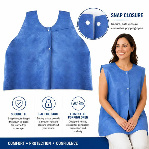American Heavy Duty Nonwoven Exam Vests Featuring No Sweat Snap Closure 31X24 Inches Blue White Medical Cape Bulk Case Of 75 Clinic Ready showing secure snap closure.