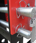 Detail of Heavy Duty 100 Ton Electric Hydraulic Shop Press Featuring A Quick Slide Carriage Winch and adjustable locking pins.