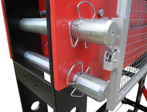 Detail of Heavy Duty 100 Ton Electric Hydraulic Shop Press Featuring A Quick Slide Carriage Winch and adjustable locking pins.