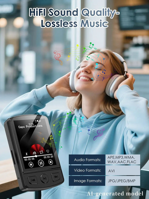 Smiling person enjoying music with Clip-On 64GB MP3 Player With Bluetooth 5.2 On-The-Go; audio format options displayed