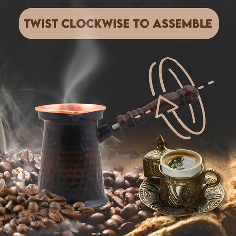Antique Copper Turkish Coffee Pot With Wooden Handle for authentic cezve ibrik briki brewing, shown with coffee beans and cup.