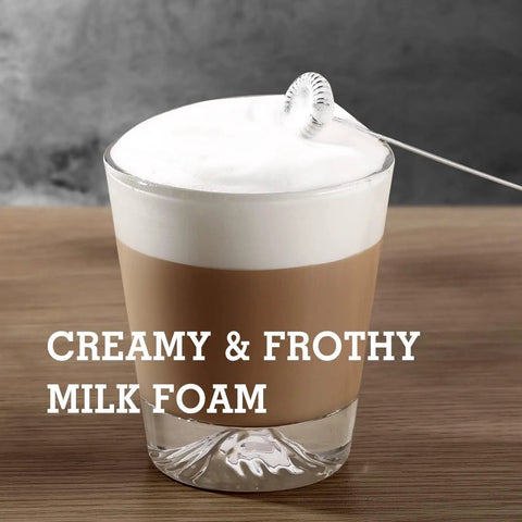 Glass of coffee with creamy froth made by Handheld Milk Frother With Stand, Electric Foam Maker With Stainless Steel Whisk, Gray Finish.
