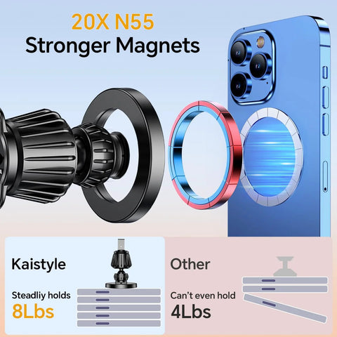 Kaistyle MagSafe car mount exploded view; black magnet assembly with circular rings beside blue iPhone