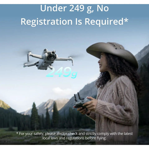 Mini 4 Pro Fly More Combo With RC 2 Screen Remote, 4K Video Aerial Drone Under 249g flying near a woman in a hat.