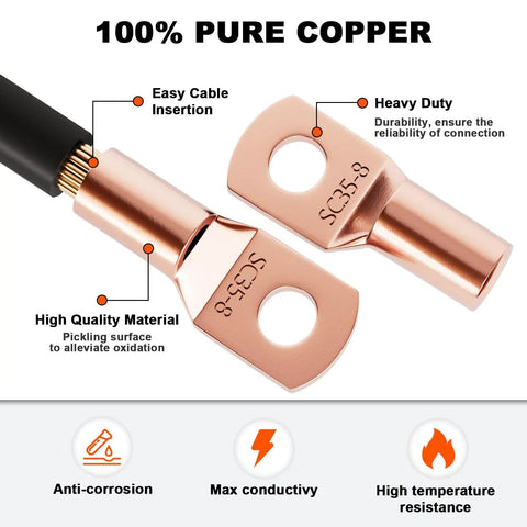 Pro Grade Copper Wire Lugs Set 130 Pieces With 60 Heat Shrink Tubing detailing copper lugs for battery cables with features
