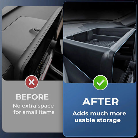 Before and after using Toyota Grand Highlander Dash Storage Tray Behind Screen Center Console Organizer Black Fits 2024-2026.