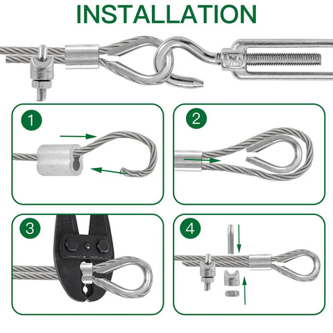 Installation process of Heavy Duty M6 Hook And Eye Turnbuckle Set With 304 Stainless Steel Hardware, thimbles, and clips.