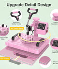 5 In 1 Heat Press 12x15 Swing Away Sublimation Machine For T Shirts Hats And Garments With Teflon Sheets Aluminum Heating Plate Safe Precise Printing Every Time, pink swing-away view