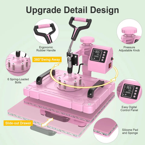 5 In 1 Heat Press 12x15 Swing Away Sublimation Machine For T Shirts Hats And Garments With Teflon Sheets Aluminum Heating Plate Safe Precise Printing Every Time, pink swing-away view