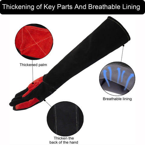 Long Welding Gloves 23.6 Inch Heat Resistant Leather With Kevlar, showing thickened palm and breathable lining.