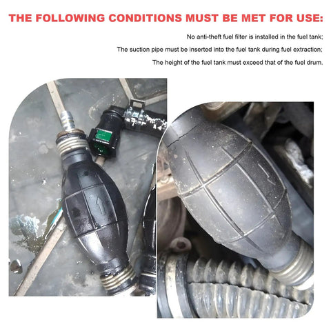 Heavy Duty Manual Fuel Transfer Pump With High Flow Rubber Bulb Primer and One Way Vacuum Line, close-up of rubber bulb and fittings.
