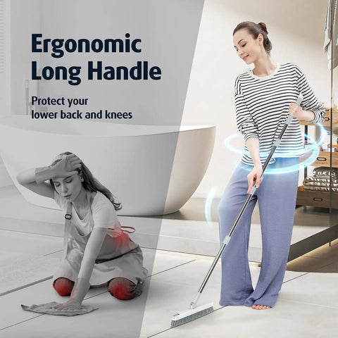 Woman using Pro Grade Grout Brush With Long Handle, 180 Degree Swivel Scrub in bathroom