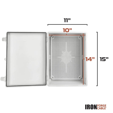 Waterproof Outdoor Junction Box With Mounting Plate And Wall Brackets Tough As Nails Plastic Electrical Enclosure IP65 Weatherproof Hinged White Cover Built For Outdoor Wiring 15 By 11 Inch with open lid showing interior dimensions.