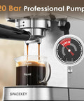 Espresso brewing process with 20 bar professional pump, showing coffee extraction into a clear cup with crema.
