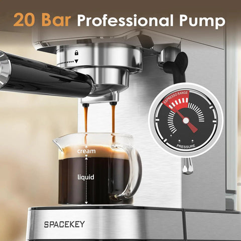Top Tier 20 Bar Espresso Machine With Quick Heat Milk Frother And Powerhouse 1350W Pump Compact Stainless Steel Coffee Maker brewing espresso.