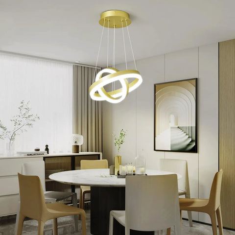 Modern LED Two Ring Gold Chandelier For Staircase Foyer And Living Room Contemporary Ceiling Pendant Light Fixture With High Ceiling 6000K Cool White Glow Luxe Gold Finish For A Lit Home Decor Upgrade in dining room