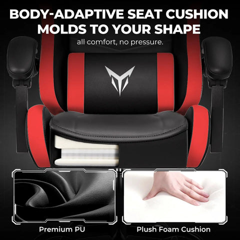 Close-up of ergonomic high back gaming chair with premium PU and foam cushioning details, red with black accents.