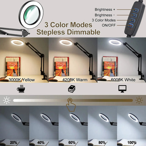 LED Magnifying Glass Desk Lamp with clamp showing 3 color modes and dimming settings, adjustable swivel arm, for detail work