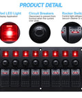 8 Gang Marine Rocker Switch Panel Waterproof 12V Aluminum Body With 5A 10A 15A Circuit Breakers And LED Indicators For Boat RV Truck Built Tough And Weatherproof with close-up of LED lights and switches.