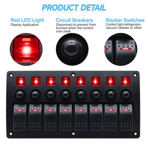 8 Gang Marine Rocker Switch Panel Waterproof 12V Aluminum Body With 5A 10A 15A Circuit Breakers And LED Indicators For Boat RV Truck Built Tough And Weatherproof with close-up of LED lights and switches.