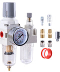 Pro Grade Quarter Inch NPT Air Filter Regulator Lubricator Combo With Water Oil Trap Separator Semi Auto Drain AC2010