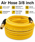 Heavy Duty 3/8 Inch By 25 Ft Hybrid Air Compressor Hose With Kink Resistant Build And Solid Brass Male Fittings coiled with brass fittings