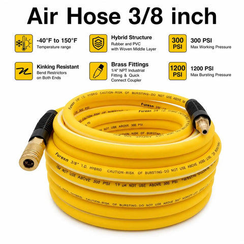Heavy Duty 3/8 Inch By 25 Ft Hybrid Air Compressor Hose With Kink Resistant Build And Solid Brass Male Fittings coiled with brass fittings