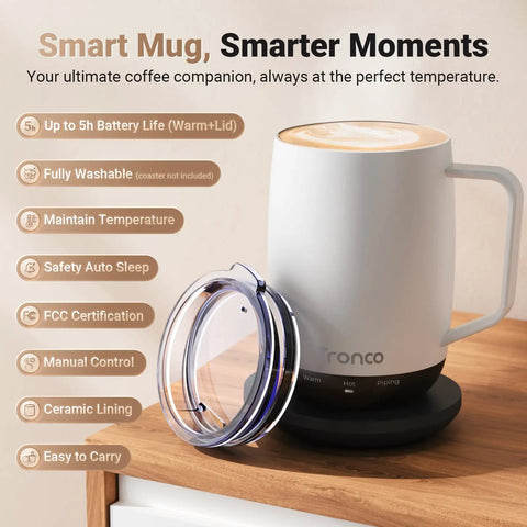 No App Hassle Self Heating Coffee Mug With Precise Temperature Control, 14 Oz Travel Cup with ceramic lining and auto shut off.