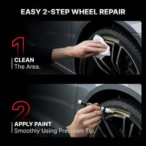 DIY Pro-Grade Wheel Rim Touch Up Paint Kit - Matte and Gloss Black Pens used on wheel rim for scratches and chips repair.