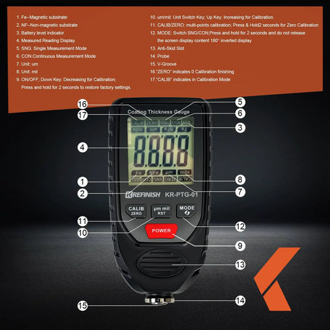 Digital Car Paint Thickness Gauge With 0 To 2000um Range Pro Grade Coating Meter For Auto Body Shops And Used Car Buyers Accurate Depth Measurement Fast Color Coat Check Portable Handheld Tool showing front view, LCD, buttons, and probe
