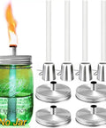 4 Pack Mason Jar Outdoor Tabletop Torch Kit with Fiberglass Wicks and Stainless Lid Caps 6 Inch High Silver Mason Jar Torch Lights