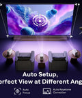 Roku TV Smart Projector With WiFi And Bluetooth projecting vibrant galaxy image on screen in living room setup with auto features.
