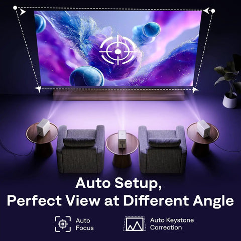 Roku TV Smart Projector With WiFi And Bluetooth projecting vibrant galaxy image on screen in living room setup with auto features.