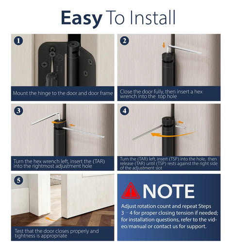 3 Pack 4 Inch Self Closing Door Hinges With Five Eighth Inch Radius Corners Black Finish For Kitchen Bathroom Garage And Office Doors No Fuss Install Durable Stainless Steel Mounting Hardware Built To Last Ideal For Interior Doors And High Traffic Use. Installation steps for black self-closing hinge