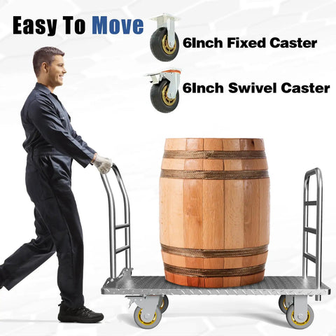 Man moving a barrel on Beefy Flatbed Platform Cart With Detachable Guardrail For Barrels And Heavy Loads, showing 6 inch casters.