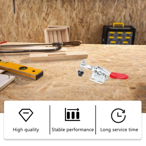 4 Piece Horizontal Toggle Clamp Set Fast Locking Clip With Straight Line Push Pull Action For Workholding And Woodworking Fixtures shown on a workbench