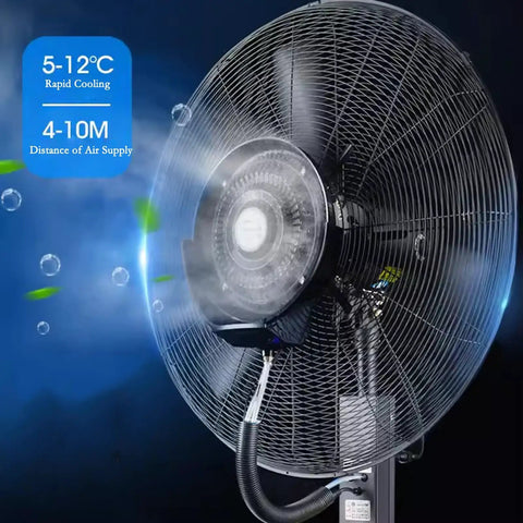 Solid Heavy Duty Outdoor Misting Fan With Oscillating Airflow And Integrated Water Chiller For Patios Yards And Really Large Versatile Commercial Cool Down Zones close-up showing misting feature.