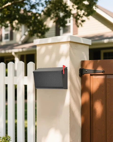 Heavy Duty Wall Mount Mailbox With Flag For Outdoor Use, Galvanized Steel Weatherproof Rustproof Post Box attached to fence post
