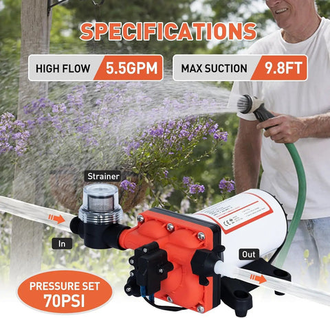 High Pressure 12V DC RV Water Diaphragm Pump With Smart Pressure Switch Delivers 5.5 GPM At 70 PSI Self Priming Wash Down
