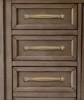 5 Inch Brushed Brass Cabinet Pulls 10 Pack installed on wooden drawers, showcasing heavy duty solid warm gold handles for cabinets and cupboards.