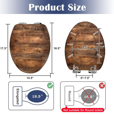Product size diagram for Generic Replacement Elongated Resin Toilet Seat for Home Use, 18.5 inches long and 14.5 inches wide.