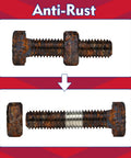 Comparison of rusted bolts with red thread locker for metal fasteners
