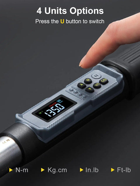 Digital Torque Wrench Three Eighths Inch Drive With Quick Socket Head Change No Delay Display Two Percent Accuracy showing LCD and buttons