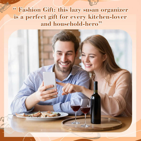 Happy couple using smartphone at table with Rock Solid 20 Inch Wood Lazy Susan For Kitchen Counter Slick Acacia Turntable Serving Tray.