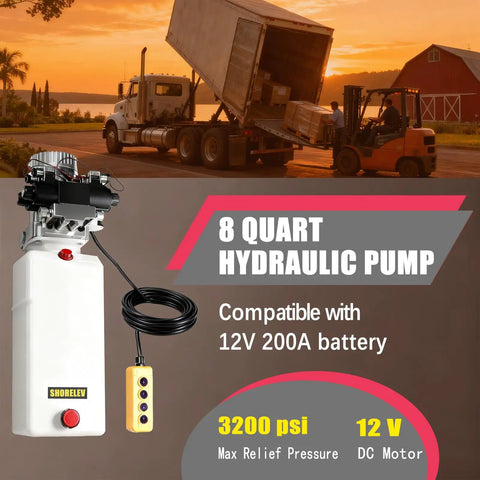 12V DC Double Solenoid Hydraulic Power Unit For Dump Trailers And Trucks, Heavy Duty Bidirectional Actuation, 8L Plastic Reservoir
