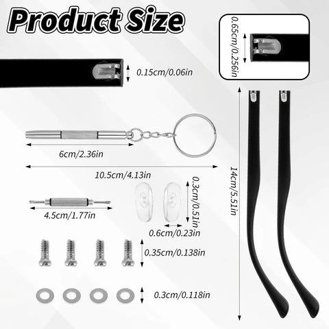 Hella Sturdy Universal Glasses Arm Replacement Kit For Sweet Eyeglasses Legs Swap Including Screws Washers Nose Pads And Mini Screwdriver For A Dang Fast Frame Rescue Any Day, detailed product size chart.